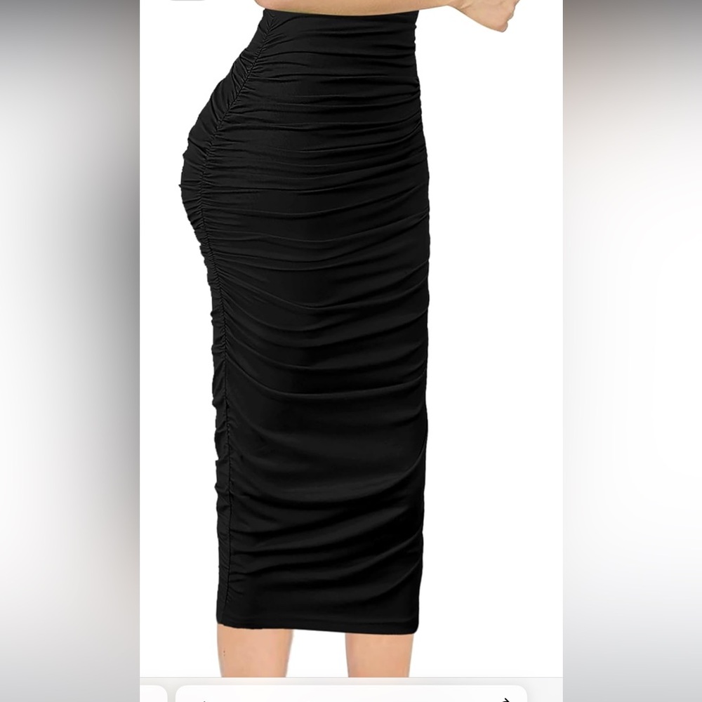 Womens Ruched Ruffle High Waist Slim Fitted Bodycon Pencil Midi Mid-Calf Skirt